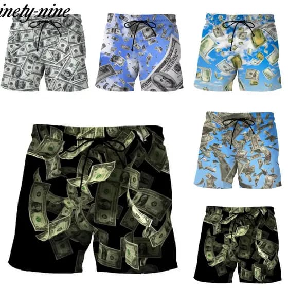 Bermuda Masculina de Praia com Estampa 3D de Dólares, Secagem Rápida, Cintura com Cordão, Confortável, Moda de Verão par
