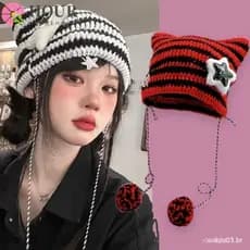 MELENEY9 Chapéu Star Devil, Boné Listrado Fofo Y2K, Gorro de Lã Tricotado para Outono Inverno Estilo Hip-hop WB6Z