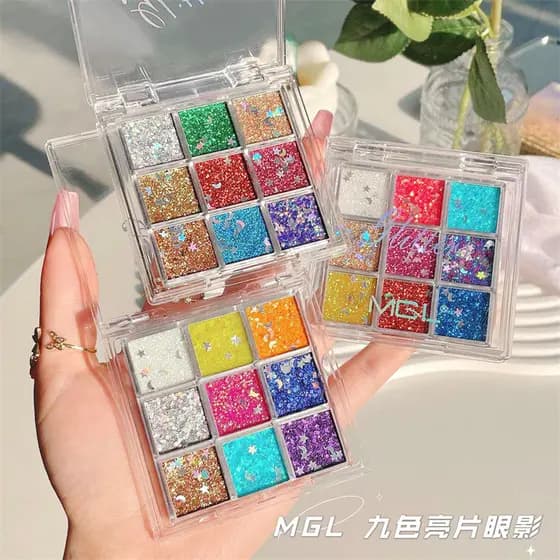 MGL Sombra de Olhos Colorida com Glitter de Nove Cores, Gel Sem Cola, Pó Brilhante para Maquiagem de Palco e Apresentaçõ