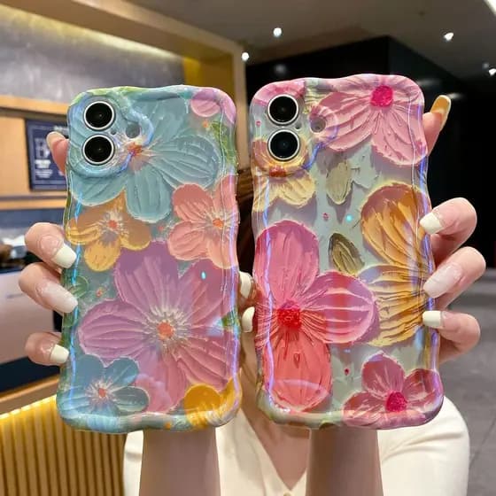 Capa para iPhone 16 com Borda Ondulada IMD, Design de Flor Rosa Brilhante com Efeito Azul Claro, Capa Macia para Mulhere