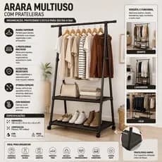 Arara Roupa Multiuso Com Prateleira Organizador Roupas Preto Resistente