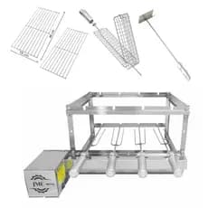 Grill Giratória 100% Inox 4 Espetos + 2 Grelha auxiliar + 1 Esp. Grelha + 1 Espalhador de Carvão