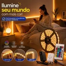 Fita RGB 3528 5m 300 LEDs com Controle Remoto, Luz Ambiente para Gamer, Quarto, Vitrine e Teto