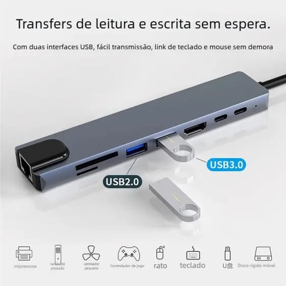 Hub 8 em 1 Tipo C OTG - Multifuncional para Computador e Dispositivos de Armazenamento