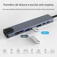 Hub 8 em 1 Tipo C OTG - Multifuncional para Computador e Dispositivos de Armazenamento