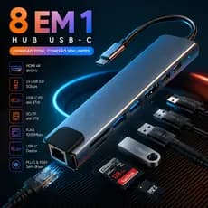 Hub USB-C 8 em 1 Docking HDMI 4K Rede RJ45 Leitor SD TF Alta Velocidade