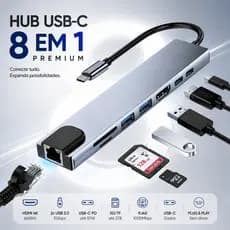 Hub Portátil USB-C 8 em 1 USB 3.0, Ethernet, Leitor SD TF e Saída HDMI 4K