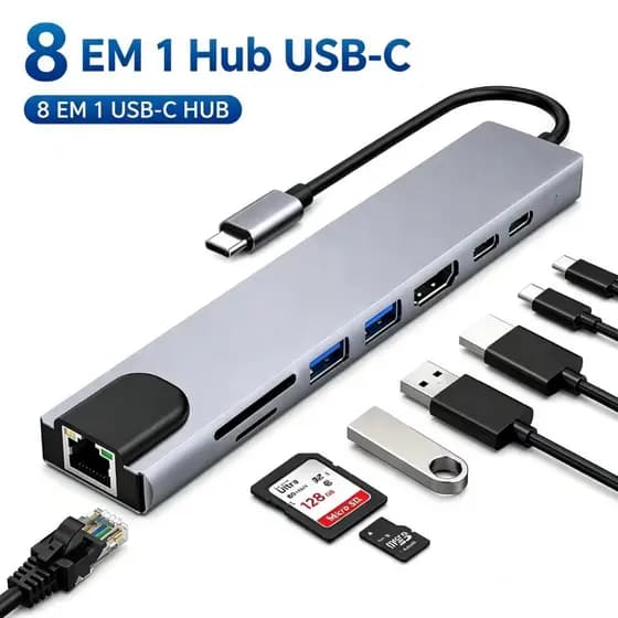 Hub Tipo C 8 em 1 Portátil Alta Velocidade USB2.0/3.0 HDMI4K RJ45 Leitor SD TF Estoque Pronto