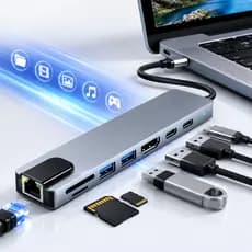 Hub Multifuncional Tipo C 8 em 1 Portátil Compatível Notebook HDMI4K RJ45 USB3.0 Leitor SD TF Envio
