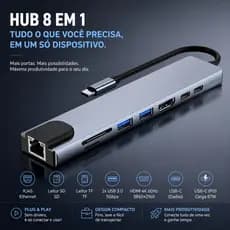 HUB USB-C 8 em 1 Adaptador Multiportas HDMI 4K RJ45 USB 3.0 SD TF Plug and Play