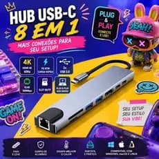 Hub USB C 8 em 1 HDMI 4K USB 3.0 RJ45 100Mbps SD TF PD 87W para Notebook MacBook