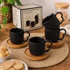 Jogo de Xicaras Com Pires Ceramica e Bambu 90ml 8 peças Oasis Preto