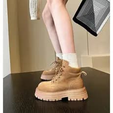 Mi Mid-Tube Round Toe Antiderrapante Martin Botas Curtas Resistentes ao Desgaste Inverno Retro Feminino Grosso @