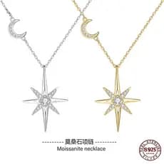 （XIBU）Pingente Lua Estrela Oito Pontas Moissanite Prata 925 Elegante Versátil Gargantilha Certificado Autêntico