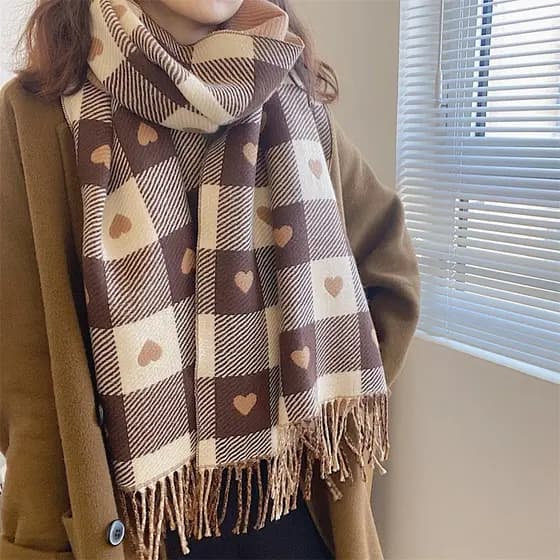 Inverno imitação cachecê de cashmere mulher coração grelha engrossar coréia edição de moda com casaco