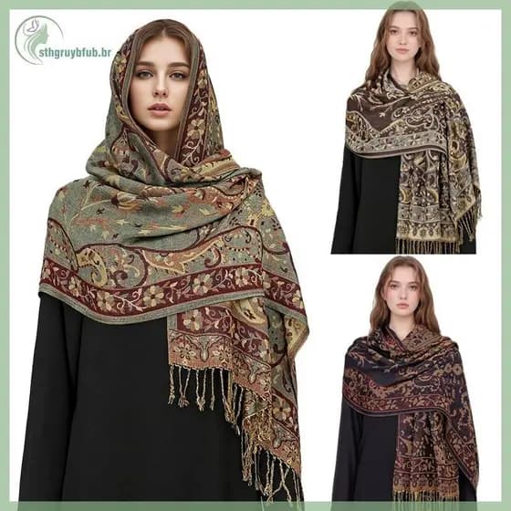STHB Luxuoso Cachecol de Cashmere de Inverno para Mulheres, Cachecol Quente de Outono com Design Estampado, Cachecol Fem