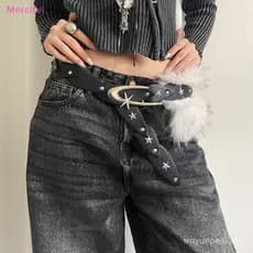 [Mer] Cinto De Pele De Couro Cravejado De PU Sintética Picante Estilo Menina Cintura Peluda Coreano Jeans Decoração Y2K