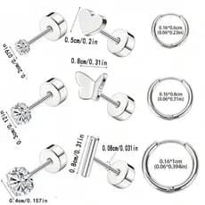 Conjunto de 9 peças de brincos de aço inoxidável em formato de coração e borboleta, adequado tanto para homens quanto pa