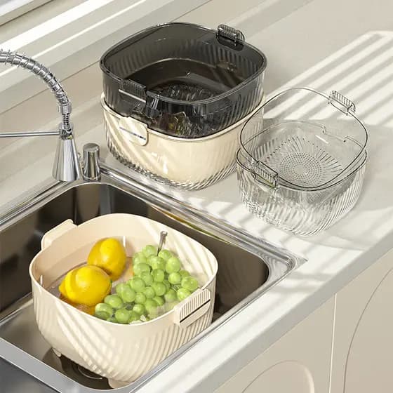 Bacia de lavagem de vegetais de camada dupla Cesta de drenagem Suprimentos de cozinha Prato de frutas doméstico Sala de