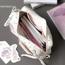 Rightrous Estojo De Lápis Com Laço De Bolinhas Fofo Branco Acessórios Rosa Bolsa Zíper De Grande Capacidade Material Esc