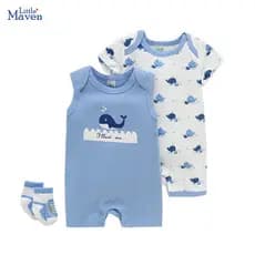 Conjunto Little Maven 3pcs Baleia De Verão Cartoon Boys Sleeveless One-Pieces Recém-Nascido Romper Girafa Jumpsuit