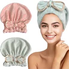 Jseng Women's Microfiber Hair Towel Cap，With cute bow，2Pieces，Quick-dry hair towel cap，Suitable for curly hair、Long Hair
