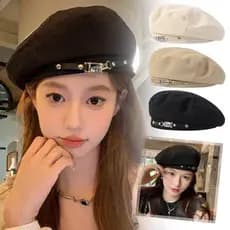 Preto Coreano Primavera E Outono Boina Feminina Octogonal Bud Chapéu Pequeno Rosto Inverno A1d7