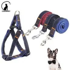 Colete Cachorro Ajustável Para Cães Coleira Jeans Com Guia Teddy Pug Pequenos E Grandes