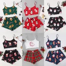 [Estoque pronto] Conjunto de pijama tipo estilingue de desenho animado de boneco de neve com estampa fina Top curto + Sh