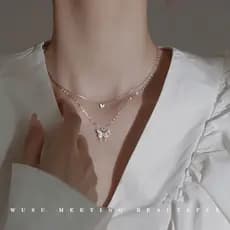 Colar Com Pingente De Borboleta De Camada Dupla Para Mulheres Elegante Corrente De Clavícula Strass Brilhante
