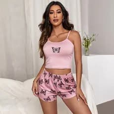 [Estoque pronto] Tamanho grande verão estilingue + Shorts Loungewear terno borboleta impressão pijama terno de duas peça