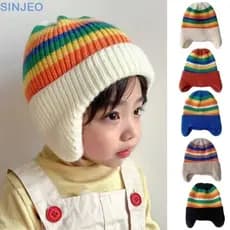 Chapéu Arco-Íris Listrado SINJEO , De Malha Coreano Para Bebê De Inverno , Gorro Macio Com Proteção De Ouvido Quente Cri