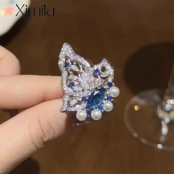 ❤ Novo produto borboleta azul diamante único flor pérola anel feminino moda tanzanita Design Original jóias