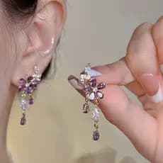 [Estoque pronto] Francês Super Fada Requintado Pequeno Roxo Zircão Flor Brincos High-End Retro Tassel All-Match Brincos