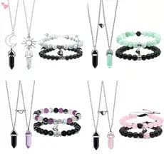 Colar de Casal Combinando, Pulseira de Pedra Natural, Cristal de Quartzo Hexagonal para Mulheres e Homens, Joia de Amiza