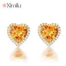 ❤ Brincos citrinos em formato de coração originais, brincos de ouro 18K, joias da moda feminina