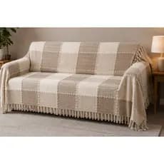 Manta  para Sofá Xale 3 Lugares 2,20mx2,60m Xadrez Bege Cru com Franjas Artesanal Decorativa Premium