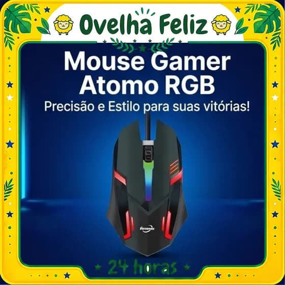 Com Fio Mouse Gamer Atomo RGB 1200 DPI, Sensor Óptico, LED Colorido, Design Ergonômico, Conexão USB