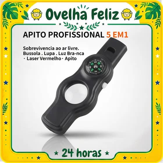 Apito Profissional 5 em 1 – Bússola, Lupa, Lanterna LED, Laser Vermelho e Apito de Sobrevivência