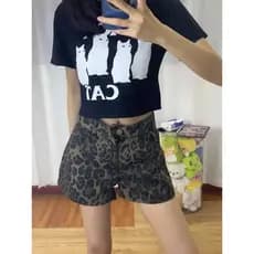Americano Retro leopardo impressão Denim Shorts feminino 2026 verão novo estilo Casual High Street na moda ins mais magr