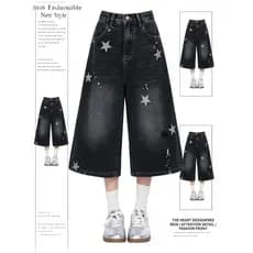 Preto estrela rasgado Denim calças cortadas mulheres verão novo estilo solto cintura alta mais magro olhar calças de per