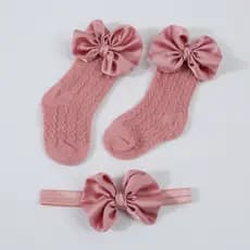 Meias De Malha Jacquard Vazadas Para Bebê , Cor Sólida , Com Laço Grande + Conjunto De Faixa De Cabelo