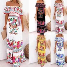 Sudeste Asiático Bohemian Seaside Férias Praia Chiffon Estampado Vestido Longo Feminino Gola Plana Saia Grande Balanço
