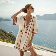 Novo estilo à beira-mar férias estilo vestido feminino boêmio 3D impresso solto com decote em V blusa de praia de manga