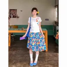 Commuter estilo Casual azul impresso saia feminina estilo suave doce Pettiskirt estilo coreano ins redução de idade Flor