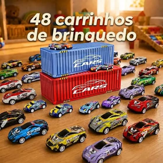 Kit 48 Carrinhos De Fricção Com Maleta Container Que Vira Pista De Corrida Brinquedo Infantil Menino Resistente