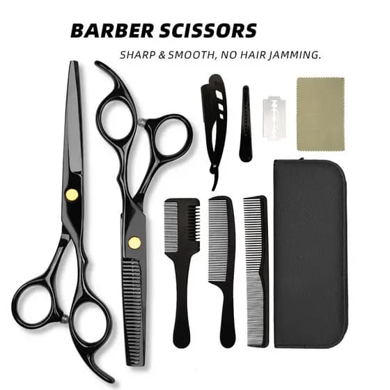 Conjunto de tesouras de barbeiro preto aço inoxidável corte plano dentes corte doméstico cabeleireiro ferramenta corte c
