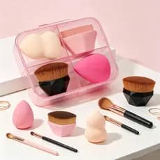 Kit 4 Peças Conjunto Pincel Esponja de Maquiagem, 2 Pincéis Para Base + 2 Esponjas De Maquiagem, Uso Úmido E Seco