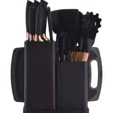 Kit de Utensílios de Cozinha Completo 19 Peças com Facas, Silicone e Cabos de Madeira – Preto