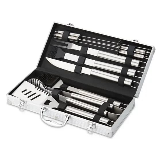 Kit Churrasco 10 Peças em Maleta de Alumínio Inox Completo com 4 Espetos